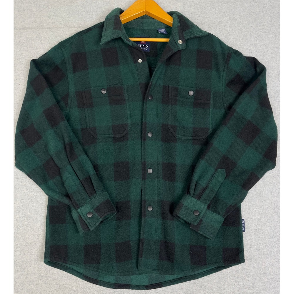 Chaps Fleece Shirt Jacket Mens Large Green Black Buffalo Plaid Snap